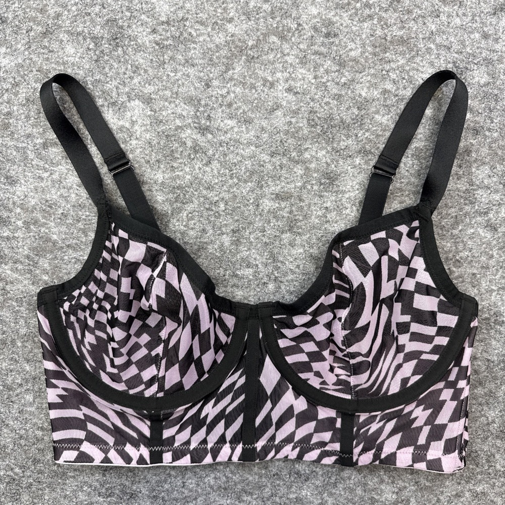 Cacique Black and Light Purple Patterned Longline Bra